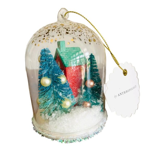 Anthropologie Festive Letter M Snow Globe Ornament Village House and Trees New - Picture 3 of 5